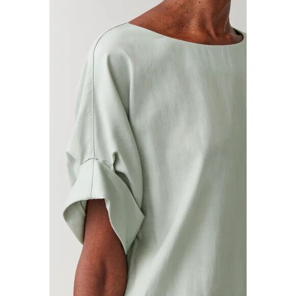 COS Cupro Cotton Short Roll Sleeve Crew Neck Shift Dress in Celadon Green Size 6 - Picture 4 of 13